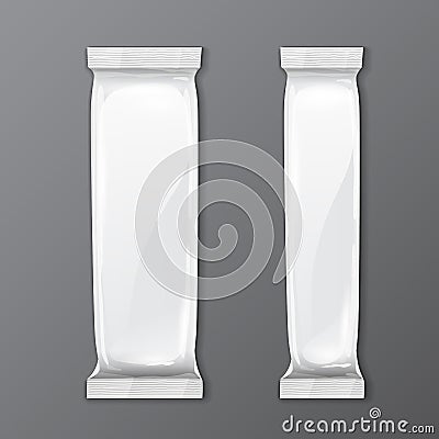 Two White Blank Foil Packaging On Gray Background Sachet Coffee, Salt, Sugar, Pepper Or Spices Stick Plastic Pack. Vector Illustration