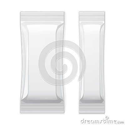 Two White Blank Foil Packaging Sachet Coffee, Salt, Sugar, Pepper Or Spices Stick Plastic Pack Ready For Your Design. Vector Illustration