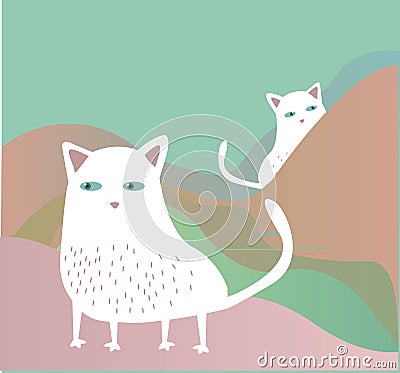 Two white cats with pink ears walk in the mountains. Vector Illustration