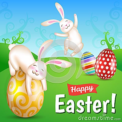 Two white cheerful easter bunnies in the meadow Vector Illustration