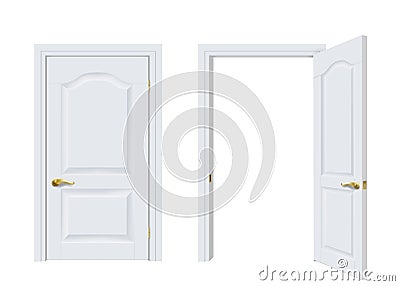 Two white classic doors open and closed Vector Illustration