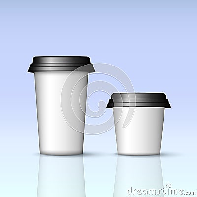 Two white coffee cups with black lids Vector Illustration