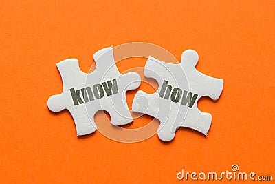 Two white details of puzzle with text know how on orange background, close up Stock Photo