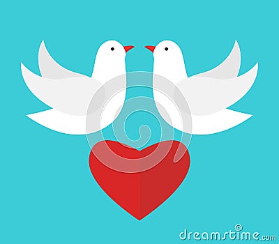 Two white doves flying above red heart and looking at each other on turquoise blue sky background. Love, wedding day and peace Vector Illustration