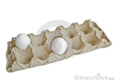 Two white eggs in the package for eggs from the chicken farm. Last egg stocks. Stock Photo