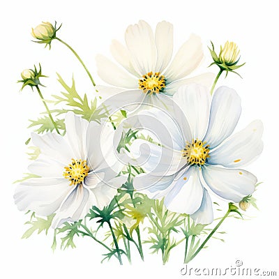 White Cosmos Flowers Watercolor Painting On White Background Cartoon Illustration