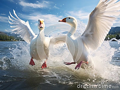 Two White Geese Fighting on a Blue Lake Cartoon Illustration