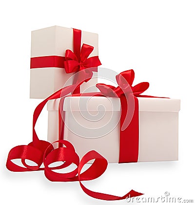 Two white gifts with red ribbons Stock Photo