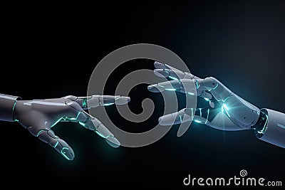 Two White Glowing Robotic Hands Approach Each Other And Representing A Concept Of Futuristic Breakthrough AI Innovation - Stock Photo
