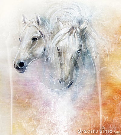 Two white horse spirits, beautiful detailed oil painting on canvas Stock Photo