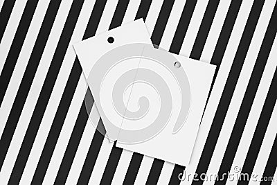 Two white label tags made of cardboard for clothes with small holes in top part of each placed in center on white and Stock Photo