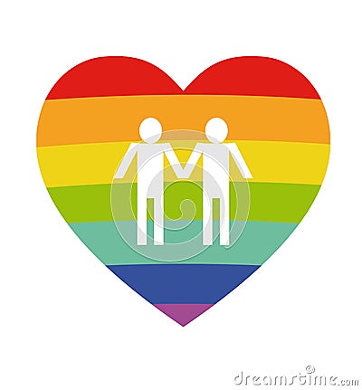 Two white man silhouetteon rainbow heart background. Poster with LGBT support symbol. Rainbow flat heart isolated on white backgro Stock Photo