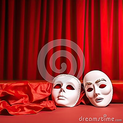 Two white masks with theatre concept lie on red curtain background. Comedy, tragedy on stage. Unreal life concept. Copy Stock Photo