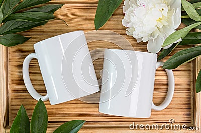 Two white mugs, cups wedding mockup Stock Photo