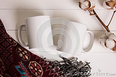 Two white mugs, pair of cups, Mockup. Stock Photo