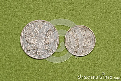 Two white old rare silver Russian coins with an eagle Stock Photo