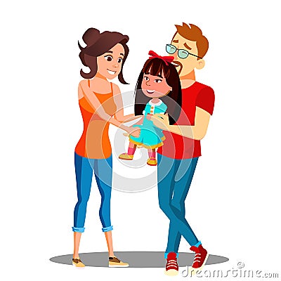 Two White Parents Holding The Hands Of Asian Adopted Child Vector. Isolated Illustration Vector Illustration