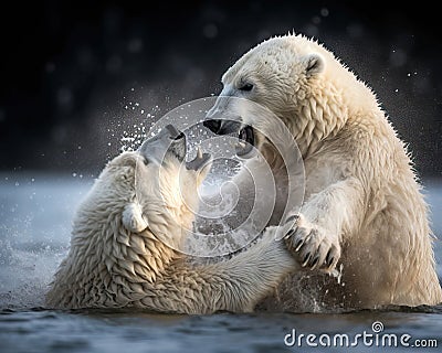 Two white polar bear fighting in water. Amazing Wildlife. Generative Ai Stock Photo