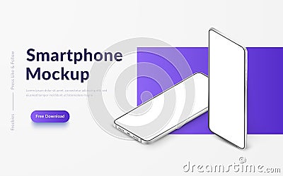 Two white realistic isometric smartphones mockup. 3d mobile phones with blank white screen. Modern cell phones template Vector Illustration