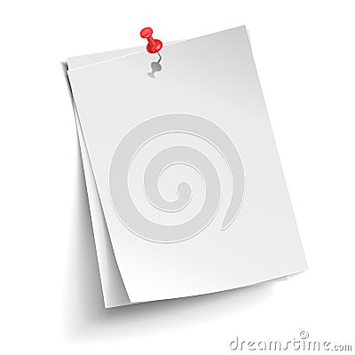 Two white sheets pinned red push button over white background. Front or top view. Vector Vector Illustration
