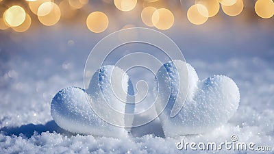 Two white snow hearts on a snowy surface with blurred golden lights in the background. Winter love and romance concept for Stock Photo