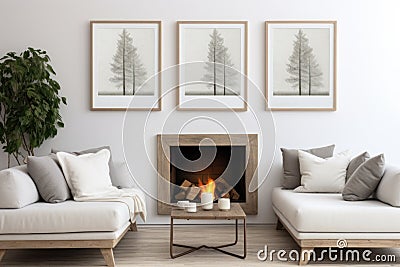 Two white sofas near fireplace against white wall with wooden cabinet and art poster. Scandinavian minimalist style interior Stock Photo