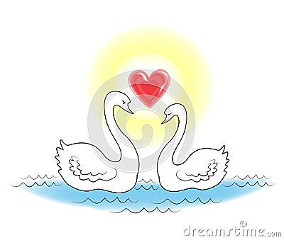 Two white swans. The birds in love swim in the water. The sun shines in the shape of the heart. Romantic love. Vector illustration Cartoon Illustration