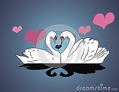 Two white swans kiss on the lake Vector Illustration