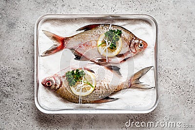 Whole Bream To Be Baked in Salt Stock Photo