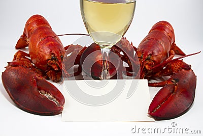 Two Lobsters, Menu or Recipe Card, Wine Glass Stock Photo