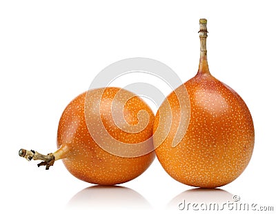 Two whole granadilla on white background Stock Photo