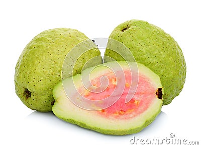 Two whole and half pink guava isolated on white Stock Photo