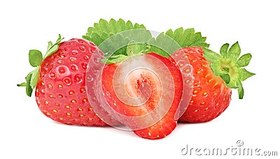 Two whole and a half ripe strawberry with green leaves (isolated) Stock Photo