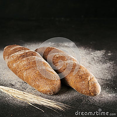 Two whole homemade rye loaf bread, copy space Stock Photo