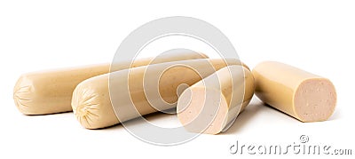 Two whole sausages and half on a white, close up. Stock Photo