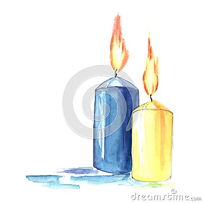 Two wide burning candles with long bright lights on wicks. Yellow and blue interior candle. Remembrance symbol. Hand painted water Cartoon Illustration