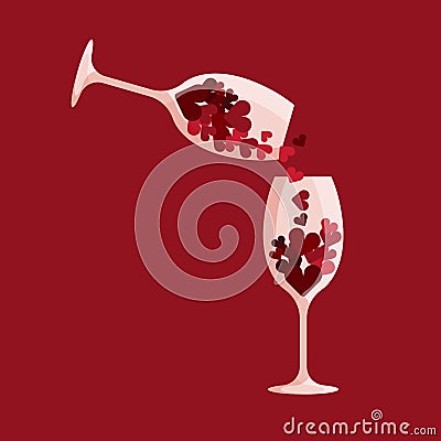 Two wine glasses with hearts. Many little red hearts pour from one glass to another. Valentines day concept. Vector Vector Illustration