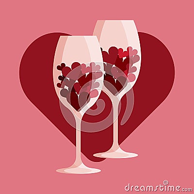 Two wine glasses with hearts. Many little red hearts in two wine glasses. Valentines day concept. Vector illustration. Vector Illustration
