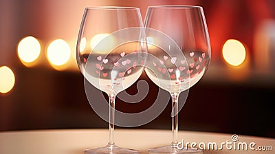 Two wine glasses with hearts painted on them, AI Stock Photo