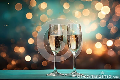 Two Wine Glasses On Soft Aqua Color Background Of Fireworks With Empty Space. Celebration Of The City Day. Generative AI Stock Photo