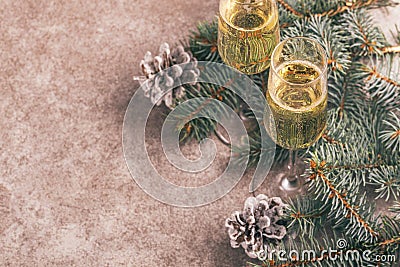 Two wineglasses of champage with Christmas tree branches Stock Photo