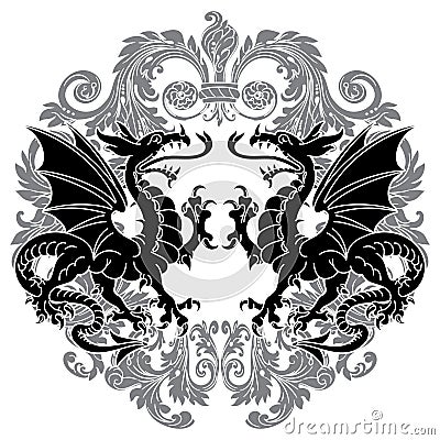 Two winged heraldic dragon and Victorian pattern Vector Illustration