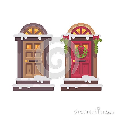 Two winter doors. Christmas decorated porch flat illustration Vector Illustration