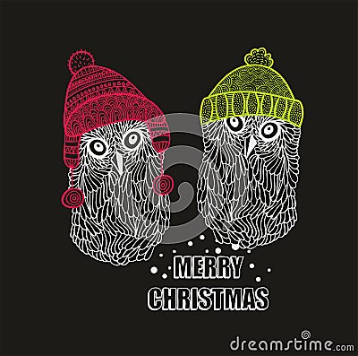 Two winter owls in warm hats Vector Illustration