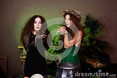 Two witches with rats in their hands pose against a dark background Stock Photo