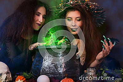 Two witches with tousled hair brew a potion in a cauldron with rats, halloween concept Stock Photo