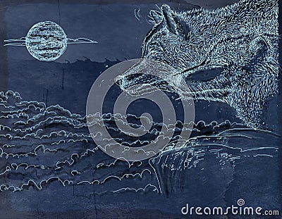 two wolves howling at the moon Series of animals with vintage background, artistic postcards Stock Photo