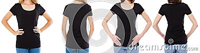 Two woman in black t-shirt : cropped image front and rear view, t-shirt set, mockup tshirt blank Stock Photo