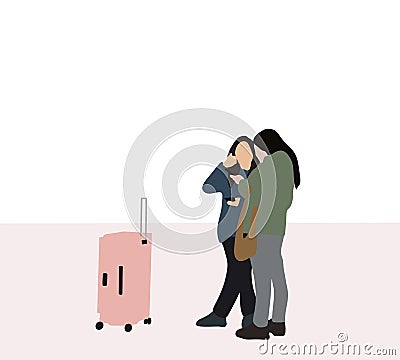 Two woman with pink luggage searching destination standing in center city during weekend trip. Vector Illustration