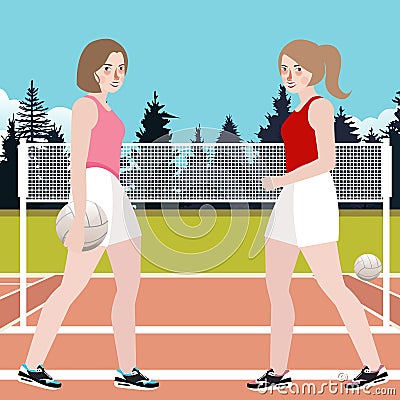 Two woman play volley ball active sport competition in court game training with net and background Vector Illustration